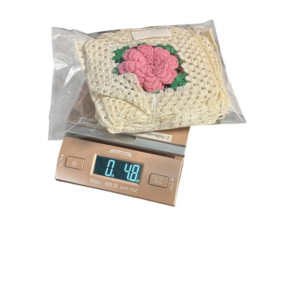 Set of 12 Crochet Granny Squares Floral Pink‎ Rose White Cream Handmade Crafting